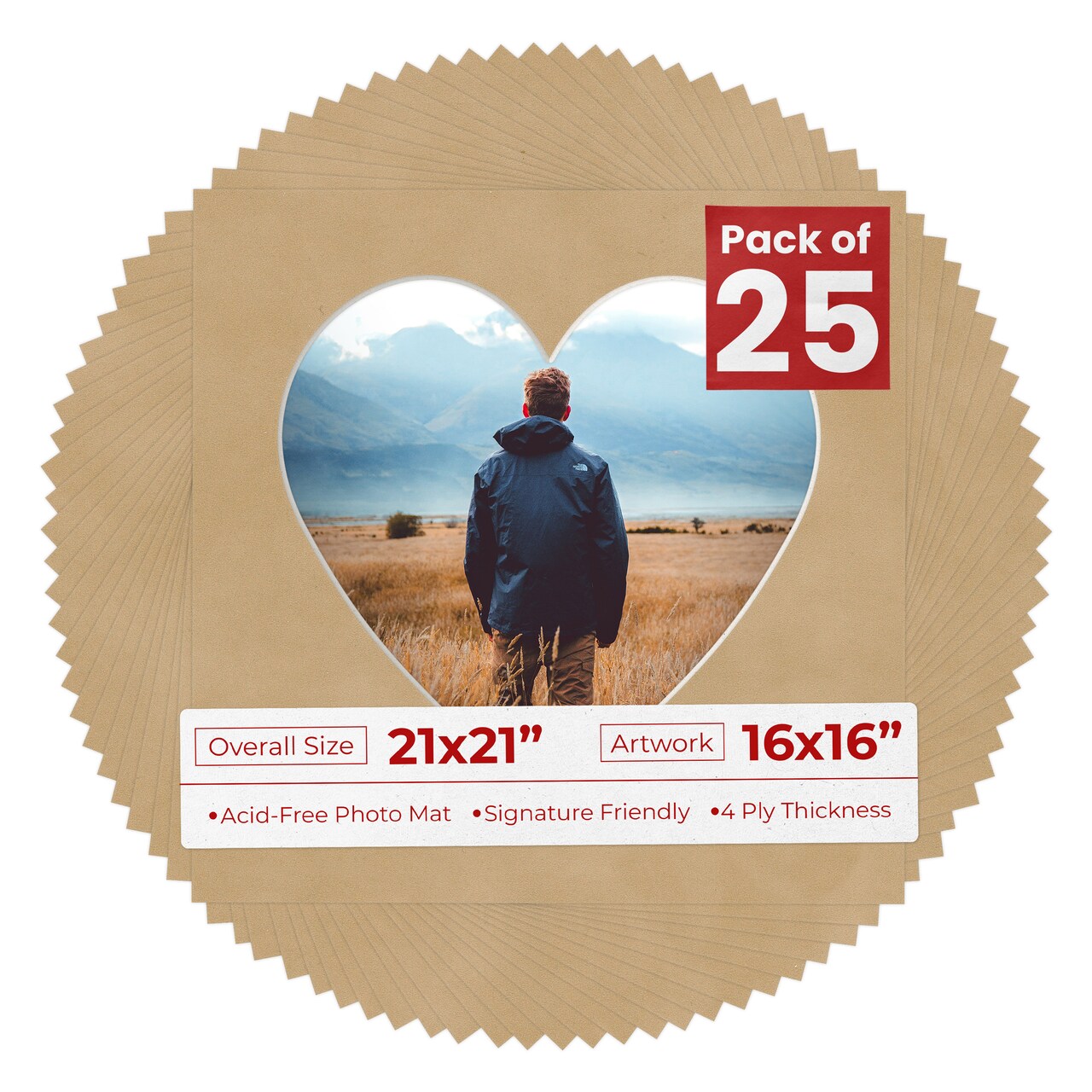 Beige Suede Mat Board for 21x21 Frames - Heart Opening for 16x16 Photos